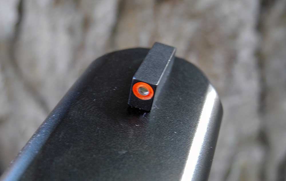 Close-up of the Glock 26 Gen 5&#x27;s AmeriGlo front sight with an orange ring.