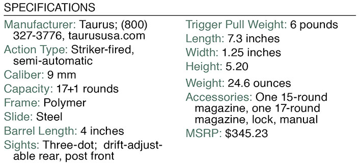 Taurus G3 9 mm spec chart