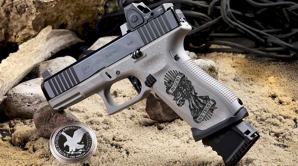SK Customs Silver Eagle Glock 45 with red dot facing left