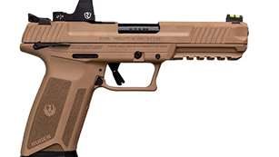 Davidson's Exclusive FDE Ruger-5.7 with Riton red dot facing right