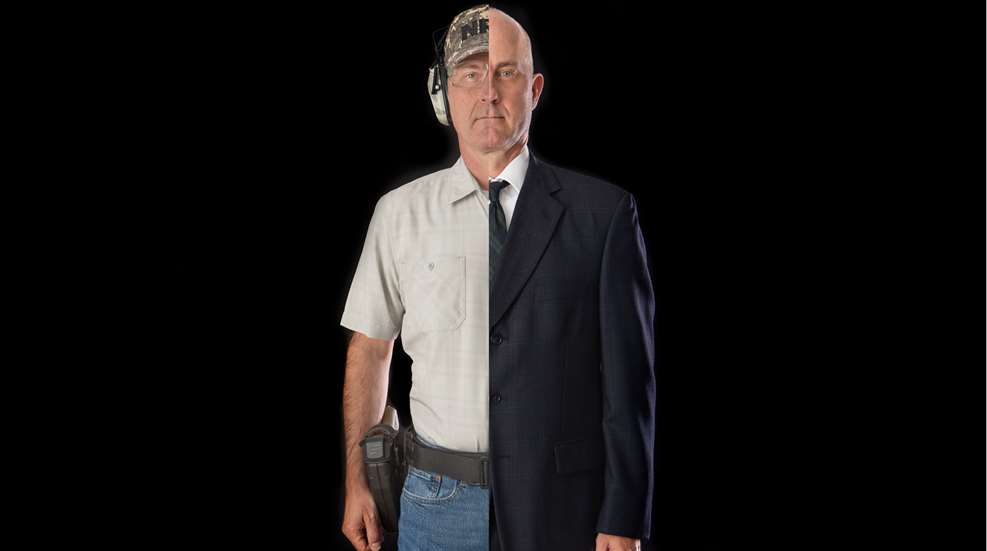 split image of man with suit on and man with casual wear and sidearm