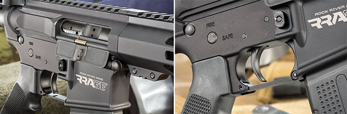 Close up of the receiver on the Rock River Arms RRage Carbine as well as a close-up of the mil-spec trigger assembly and dust cover.