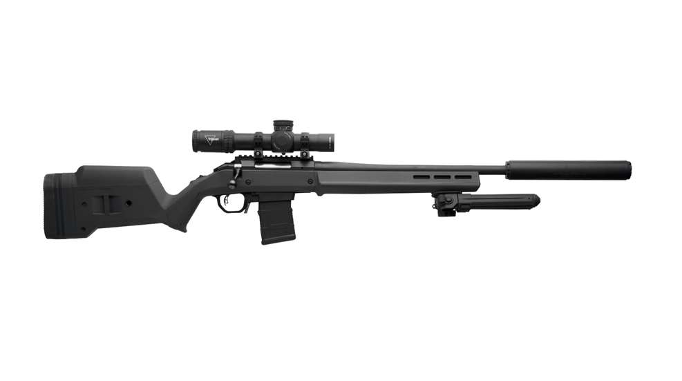 Rifle with suppressor and scope facing right