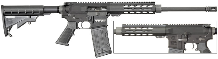 Full-length, on-white image of the Rock River Arms RRage Carbine, showing the entire right side of the rifle. An inset image shows details on the left side of the carbine from the gas block to the end of the receiver.