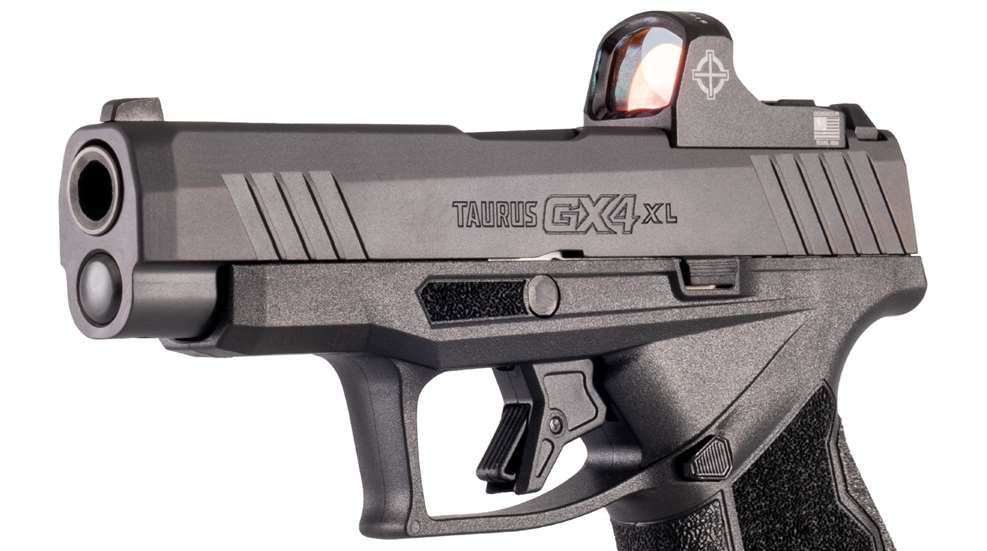 Taurus GX4XL 9 mm pistol with red-dot sight facing left