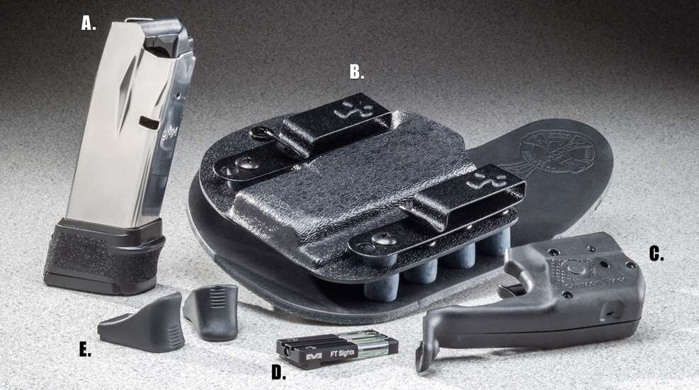 Magazine, holster, sights and laser for pistol