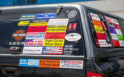 Slogans and stickers on car