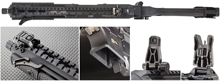 Magpul’s metal MBUS Pro sights, magazine well, charging handle