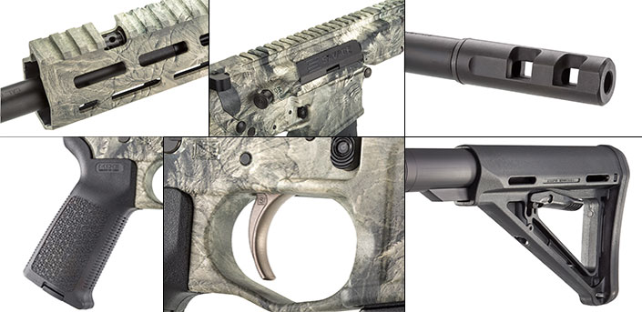 With a gap in the top rail near the muzzle, access to the adjustable gas system is convenient • An AR-15-size Magpul MOE pistol grip comes standard, but can easily be swapped for another option • A pull weight of  3 pounds makes the trigger enticing •  A bit too forceful during testing, the muzzle brake can be swapped out • Spanning the length of the receiver and handguard is a rail to mount a variety of optics • The Magpul MOE stock provides for length-of-pull adjustments.