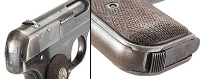 Even the pistol’s diminutive sights are devoid of sharp edges • Despite its American origins, the 1903’s magazine latch is in the butt of the frame, a design typically found in European pistols.