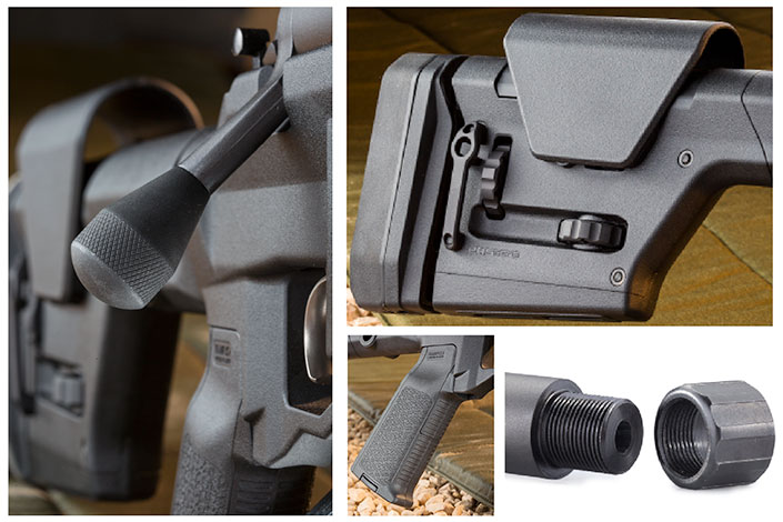 Clockwise: Oversize and easy to manipulate quickly and efficiently, the bolt knob is also knurled for solid purchase • Magpul’s PRS stock allows the PCR to be easily fitted to the individual shooter • Also configurable is the Magpul pistol grip, which can be changed for a variety of AR-15-style grips if desired • Threaded for easy attachment of a sound suppressor or muzzle device, a stylish end cap protects threads when no attachments are needed.