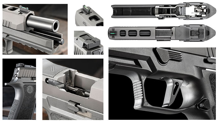 barrel, fiber-optic sight, external extractor, trigger, pistol frame