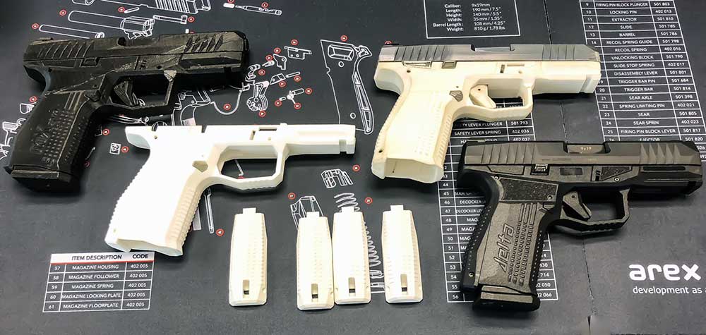 Different design stages of the Arex Rex Delta shown, including 3D-printed models of the frame and backstraps.