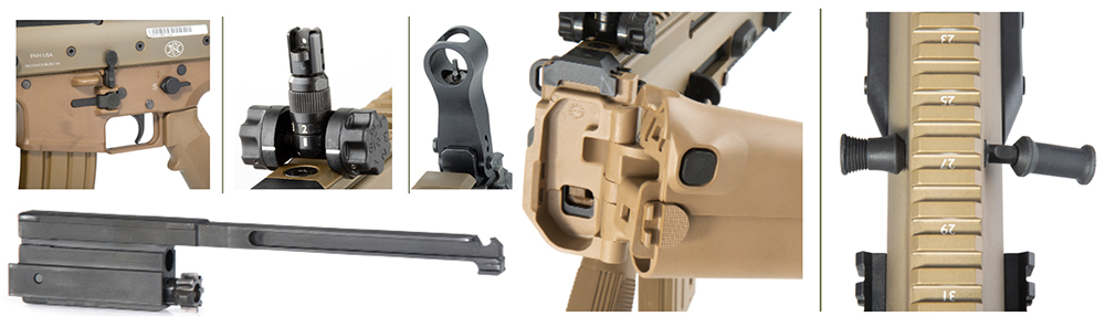 Controls, adjustable rear peep and protected front sight, non-reciprocating charging handle