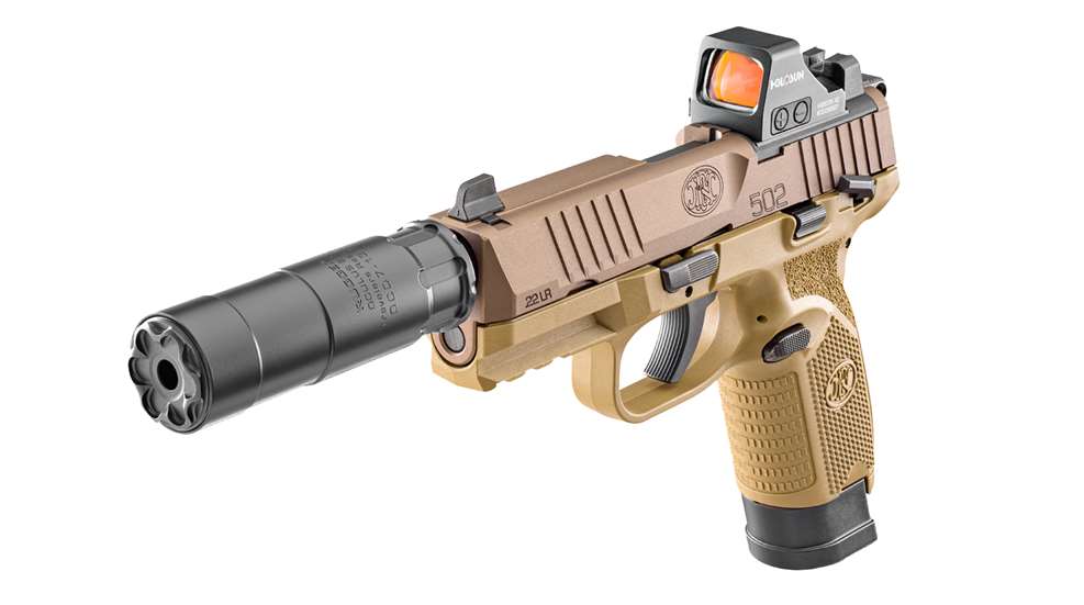 FN 502 rimfire pistol with red dot and suppressor
