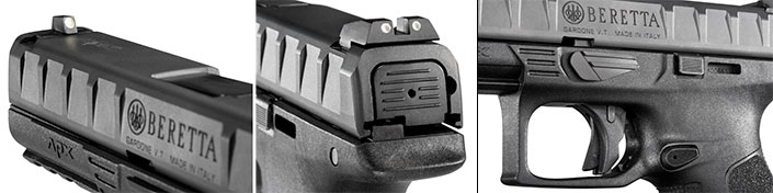 The Beretta APX features standard dovetails sights and ergonomic controls
