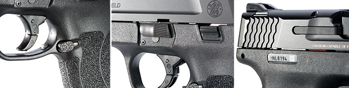 Collage of details on the Smith &amp; Wesson M&amp;P45 Shield, showing, from left to right, the trigger, slide stop, takdown levers and cocking serrations.