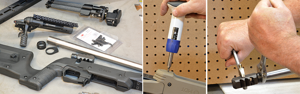 bipod and fore-end weight, muzzle brake, adjustable wrenches