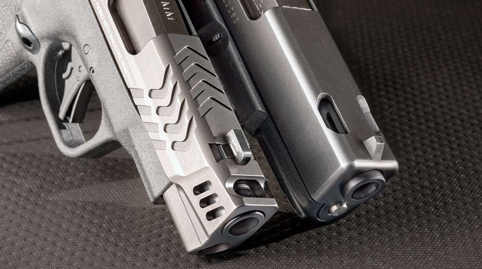 Smith & Wesson Performance Center M&P9 Shield Plus Carry Comp (left) and a Mag-Na-Ported Glock G23 (right).