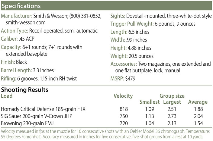 Detailing the mechanical specifics of the Smith &amp; Wesson M&amp;P45 Shield, including price and accessories.